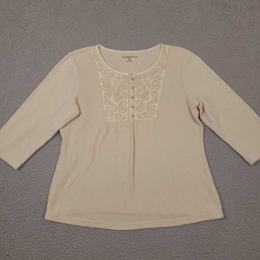 Croft & Barrow Shirt Top Womens PM Petite MediumThermal Knit Paisley Embroidered